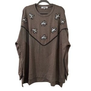 Rowdy Crowd Clothing Top 3XL Taupe Sequin Bronc Fringe Western Festival